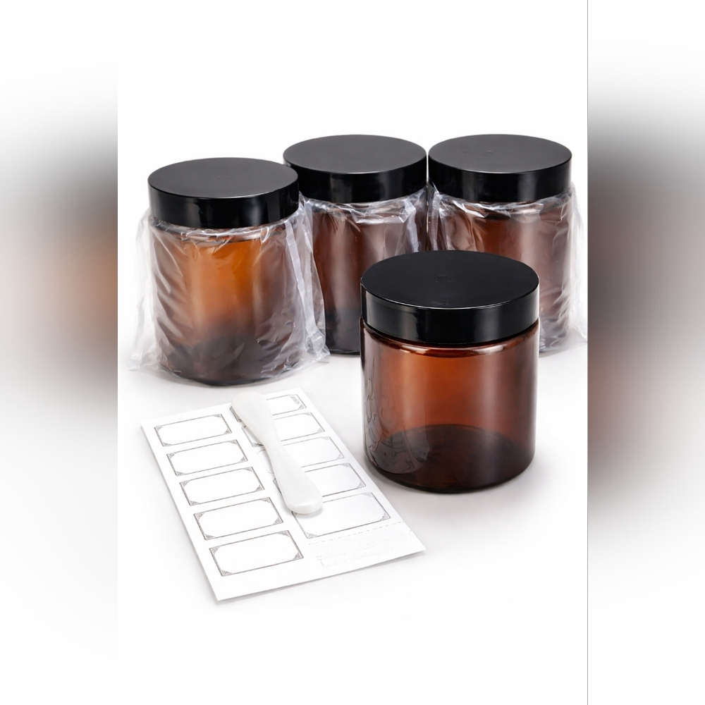 Set of 6 Amber 8oz Storage Jars with Black Lids + Labels & Scoop